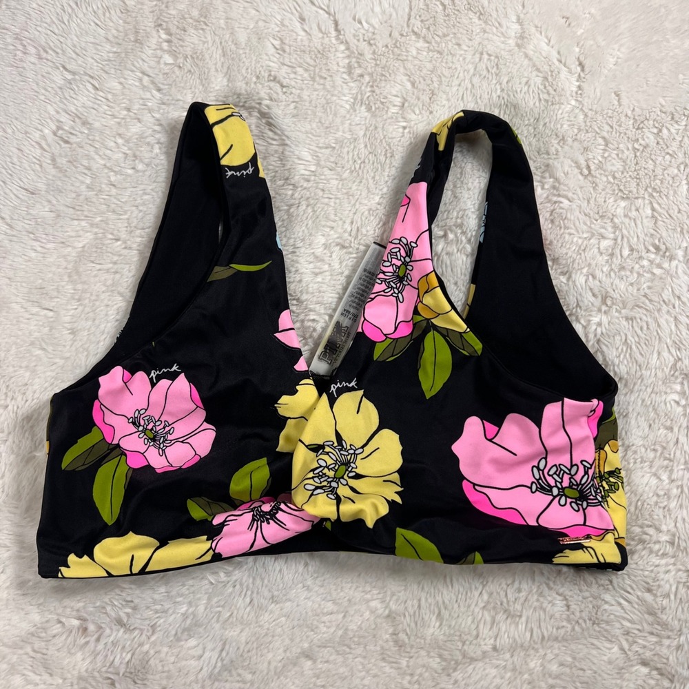 PINK Victoria's Secret Floral Twist Front Bikini Top Black Pink Yellow Small